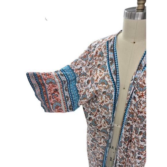 Kimono Style lightweight Floral Border Print BoHo coat full length Cotton O/S - Picture 6 of 7